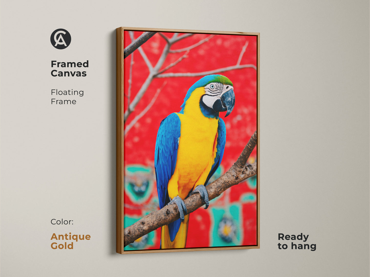 Antique gold framed canvas art of a macaw. Floating frame adds a touch of class. Stunning animal portrait for eclectic decor. Brighten your space with this vibrant canvas print.