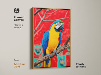 Antique gold framed canvas art of a macaw. Floating frame adds a touch of class. Stunning animal portrait for eclectic decor. Brighten your space with this vibrant canvas print.