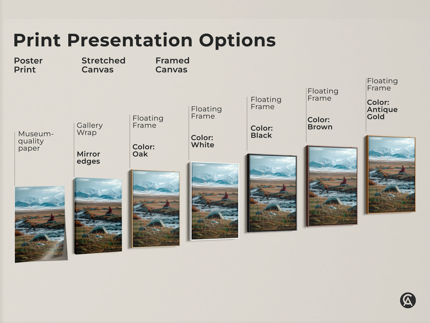 Print presentation options for landscape artwork. Options include poster print stretched canvas and framed canvas. Multiple frame colors are available. Find the perfect style for your home decor needs here.