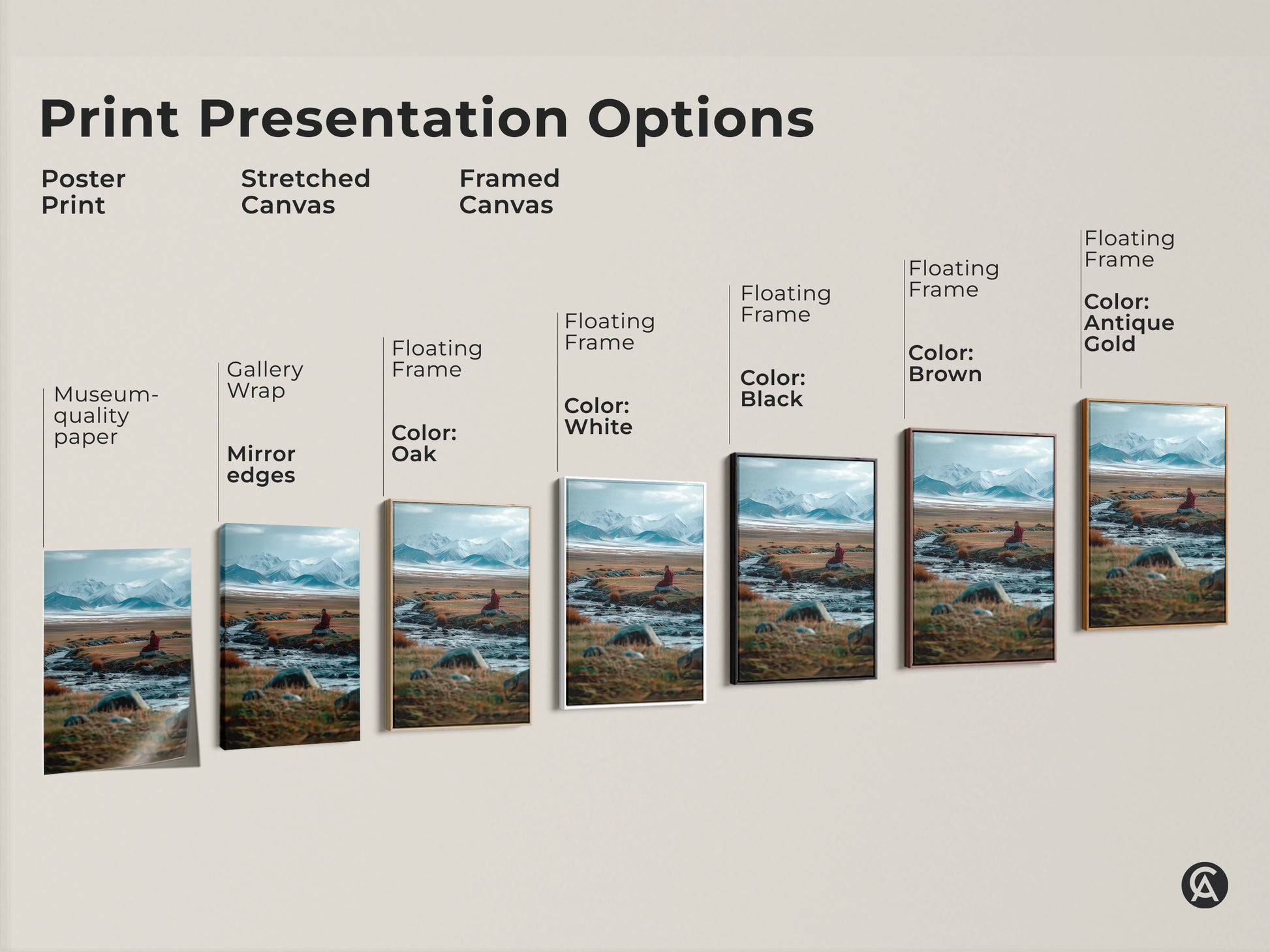 Print presentation options for landscape artwork. Options include poster print stretched canvas and framed canvas. Multiple frame colors are available. Find the perfect style for your home decor needs here.