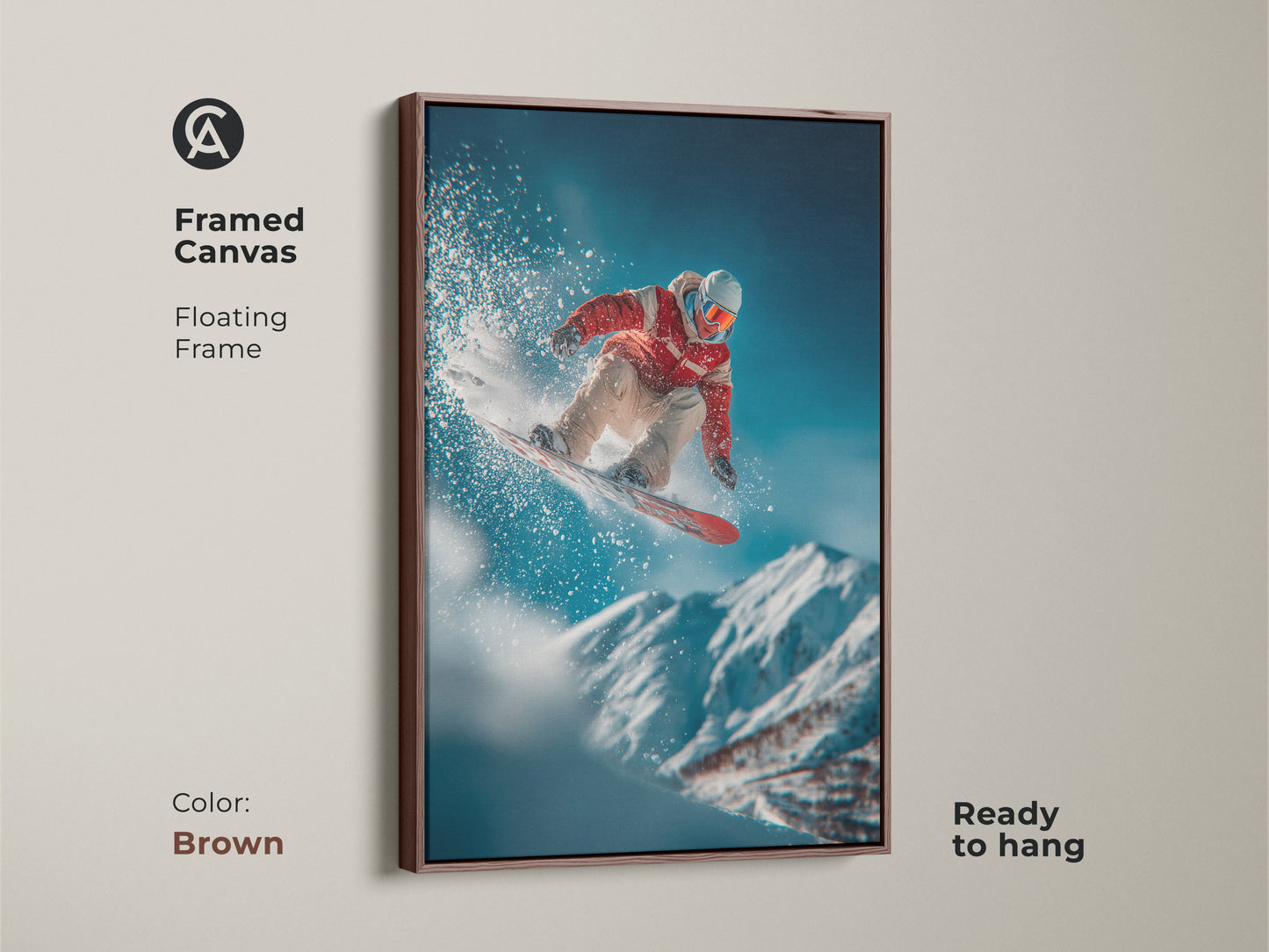 This framed canvas art captures a snowboarder's dynamic jump. The brown floating frame complements the winter scene. This ready to hang artwork adds a touch of adventure to your decor. A great action art piece.