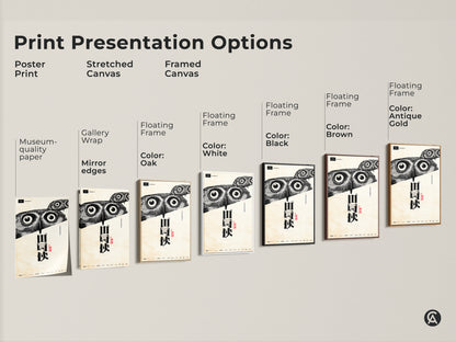 Explore presentation options for Scandinavian Owl Artwork. See poster stretched and framed canvas versions. Choose from black brown oak or antique gold floating frames. Find the perfect match for your minimalist wall art needs.