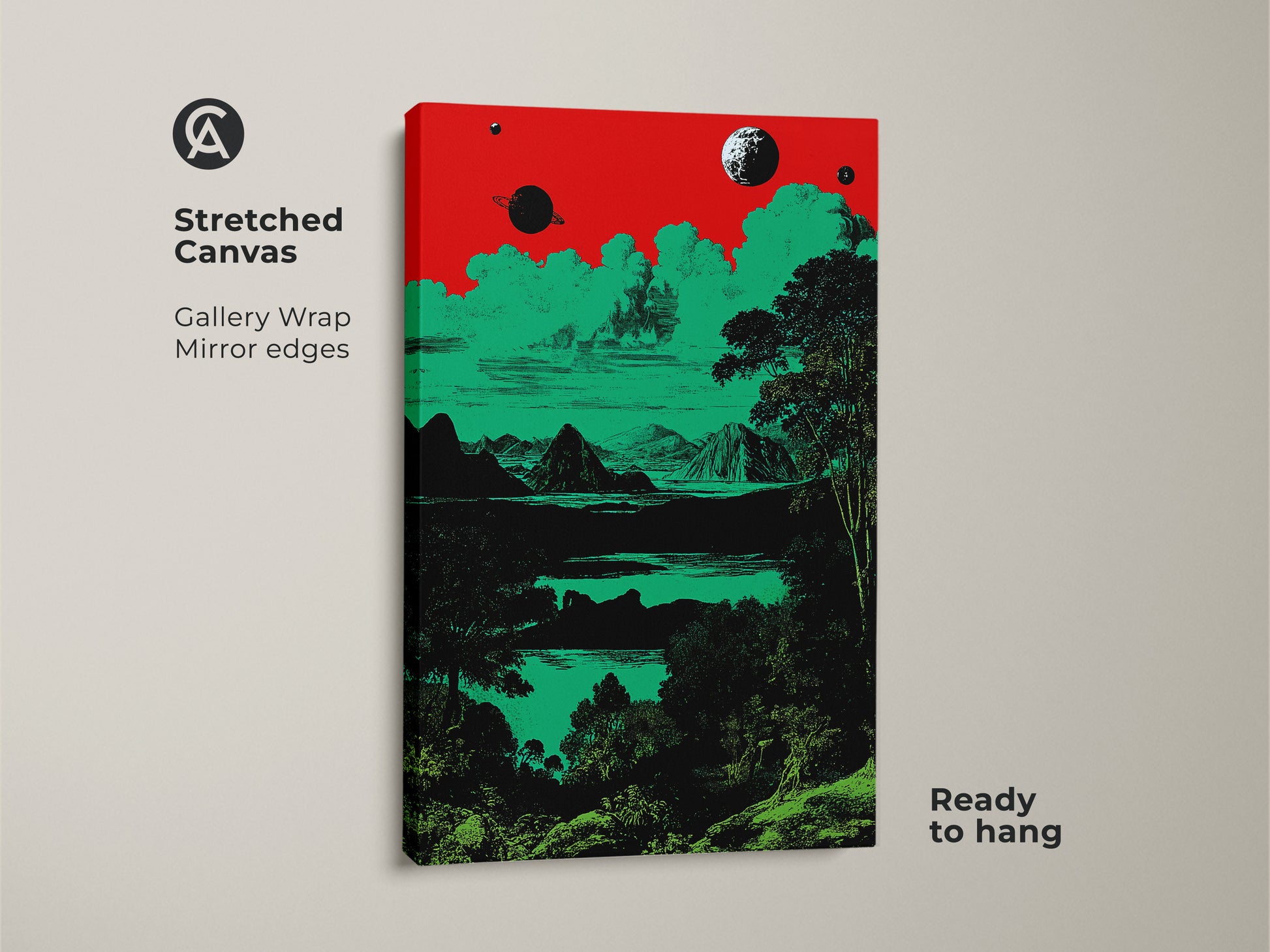 A stretched canvas print displays a surreal space landscape. The gallery wrap with mirror edges enhances the artwork. The retro planet and mountain art uses red green and black tones. This eclectic decor is ready to hang. It is perfect for sci-fi fans.