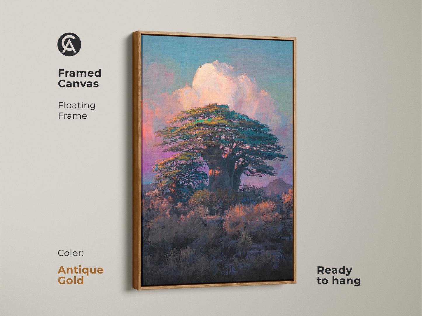 Antique gold framed canvas with a floating frame shows a Baobab tree artwork. The colorful sky nature print offers a serene savanna wall hanging. Enhance your exotic landscape art decor.
