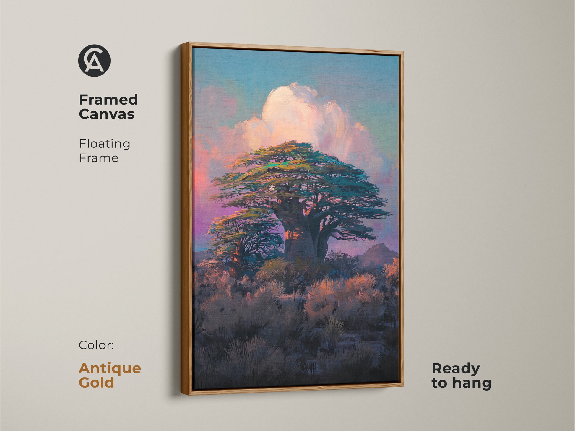 Antique gold framed canvas with a floating frame shows a Baobab tree artwork. The colorful sky nature print offers a serene savanna wall hanging. Enhance your exotic landscape art decor.