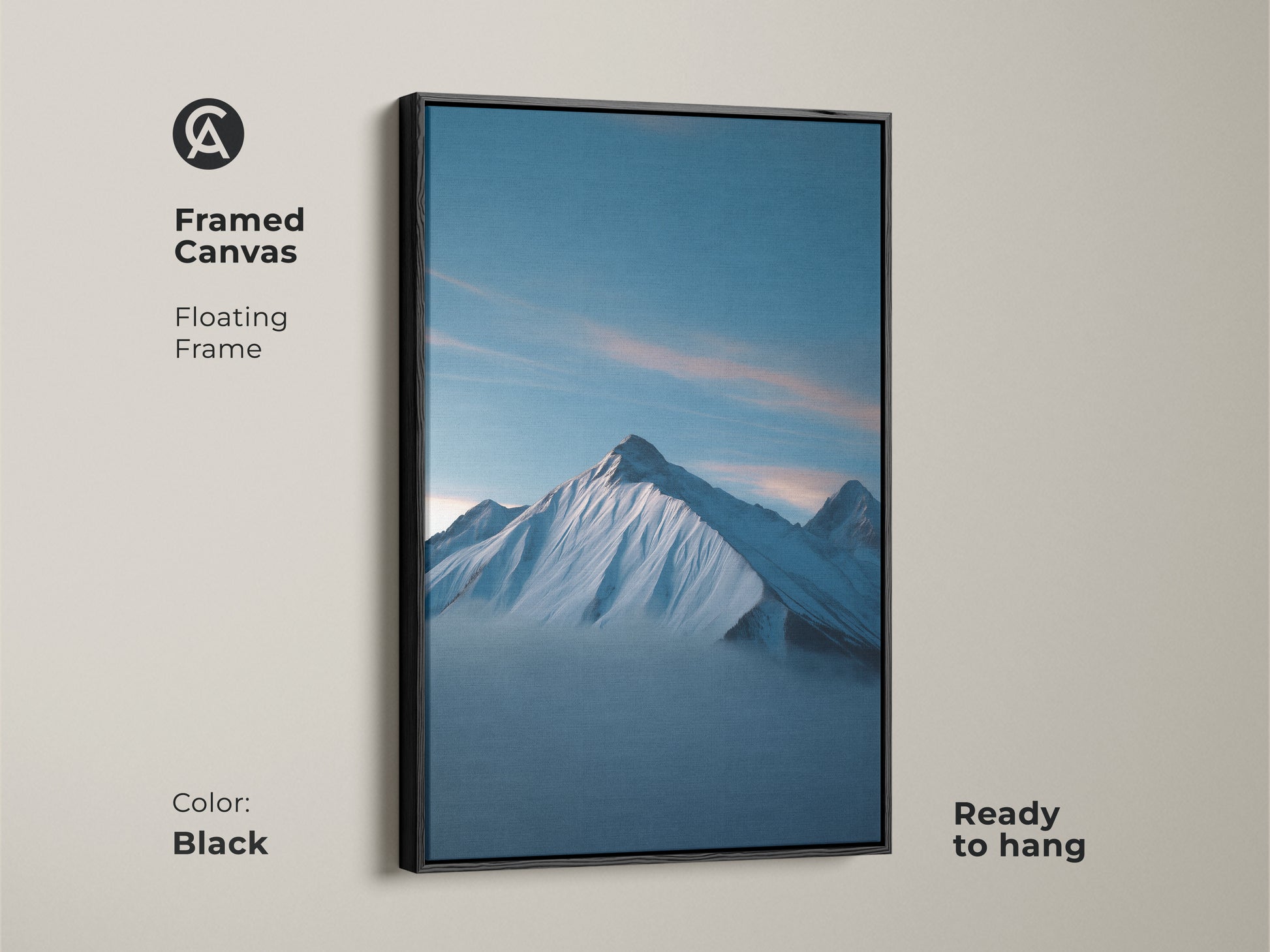Framed canvas in black featuring a Snowy Mountain Landscape. The deep blue landscape print is a ready to hang minimalist nature artwork. Perfect modern decor for an office or bedroom.