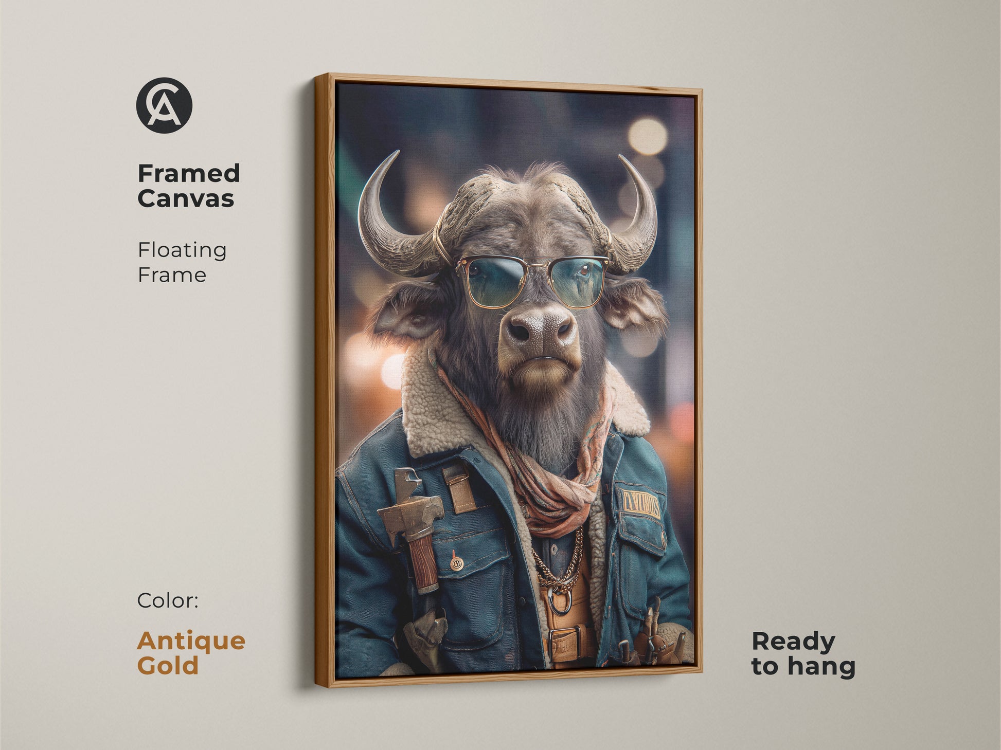 Elevate your office with this Buffalo in Sunglasses Framed Canvas Art. This Eclectic Animal Portrait adds character to your space. A unique gift for Animal Lovers. This brown gray animal wall art is ready to hang. This cool Portrait Canvas is stylish buffalo artwork.