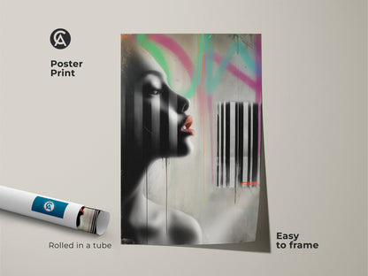 Poster print of an abstract woman portrait featuring urban graffiti style. This black white and pink canvas is rolled in a tube for easy framing. Ideal wall art for art lovers seeking modern female portraiture. A unique birthday present and edgy home wall art option.