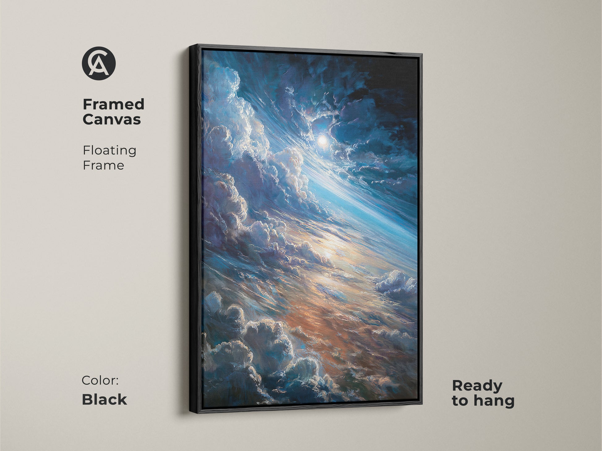 Framed canvas art in a black floating frame. The artwork showcases a beautiful space scene with clouds and a radiant sun. This ready-to-hang piece adds cosmic beauty to your home. Enhance your decor with stunning space-themed art.