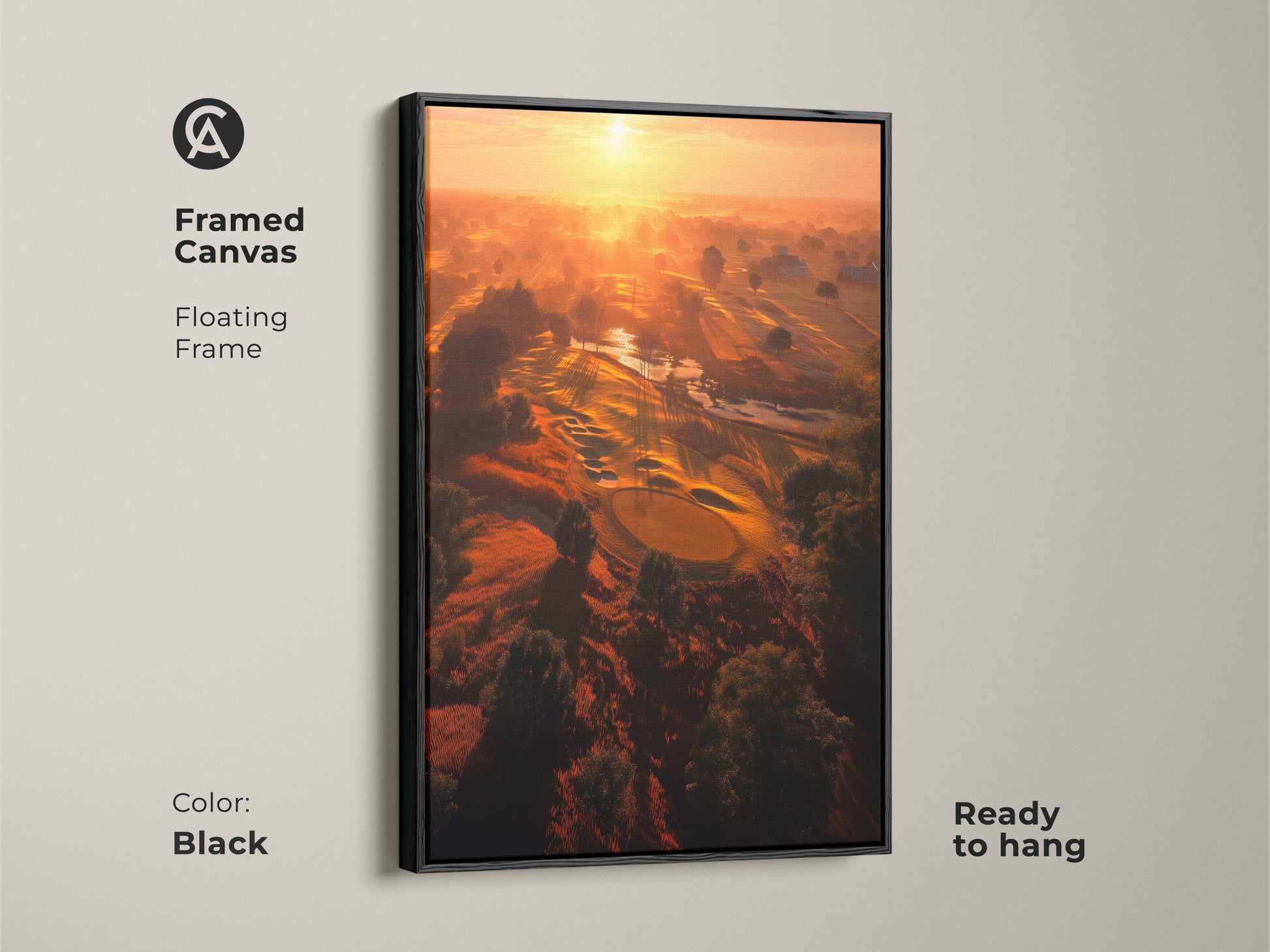 Framed canvas art featuring a golf course at sunrise. This floating frame canvas is ready to hang. The black frame complements the artwork. A perfect piece for golf enthusiasts.