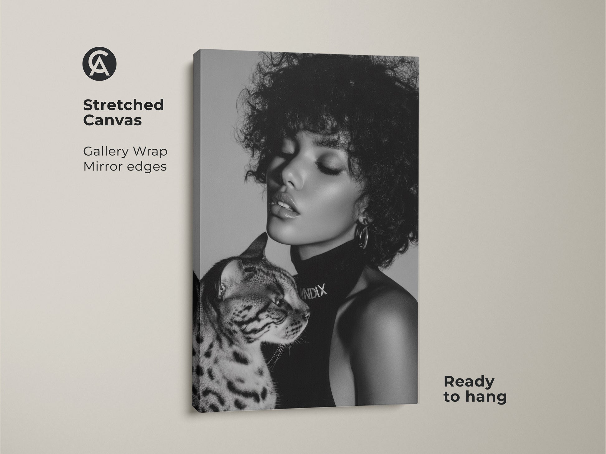 Stretched canvas featuring a monochrome artwork of a woman with a Bengal cat. The gallery wrap and mirror edges offer a ready-to-hang contemporary decor piece. Perfect for cat lovers and fashion art enthusiasts.