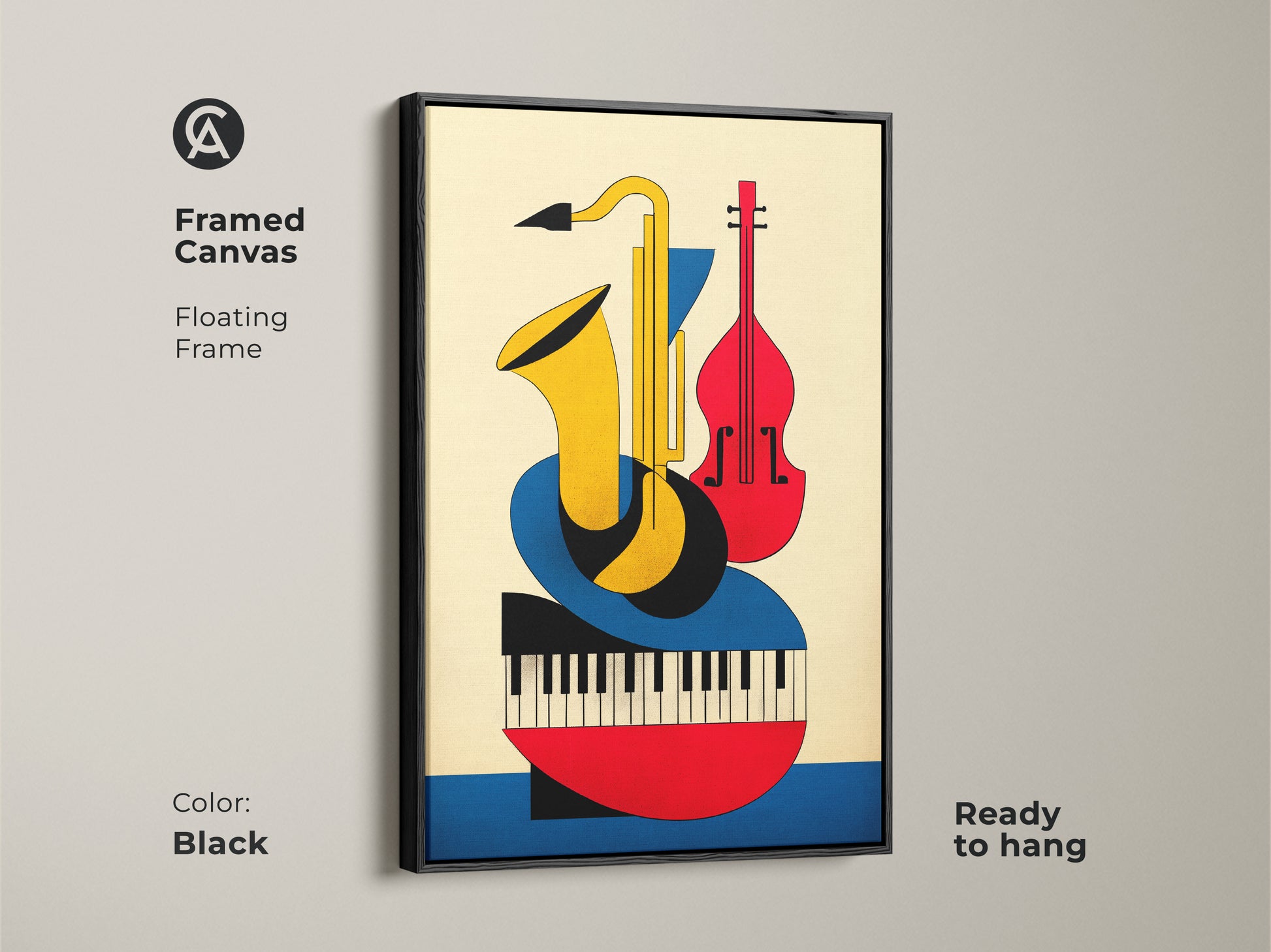 Framed canvas with a floating frame features a Bauhaus inspired music art print. This geometric artwork includes a saxophone violin and piano. Black frame enhances the mid century modern abstract jazz wall decor perfect as ready to hang art.