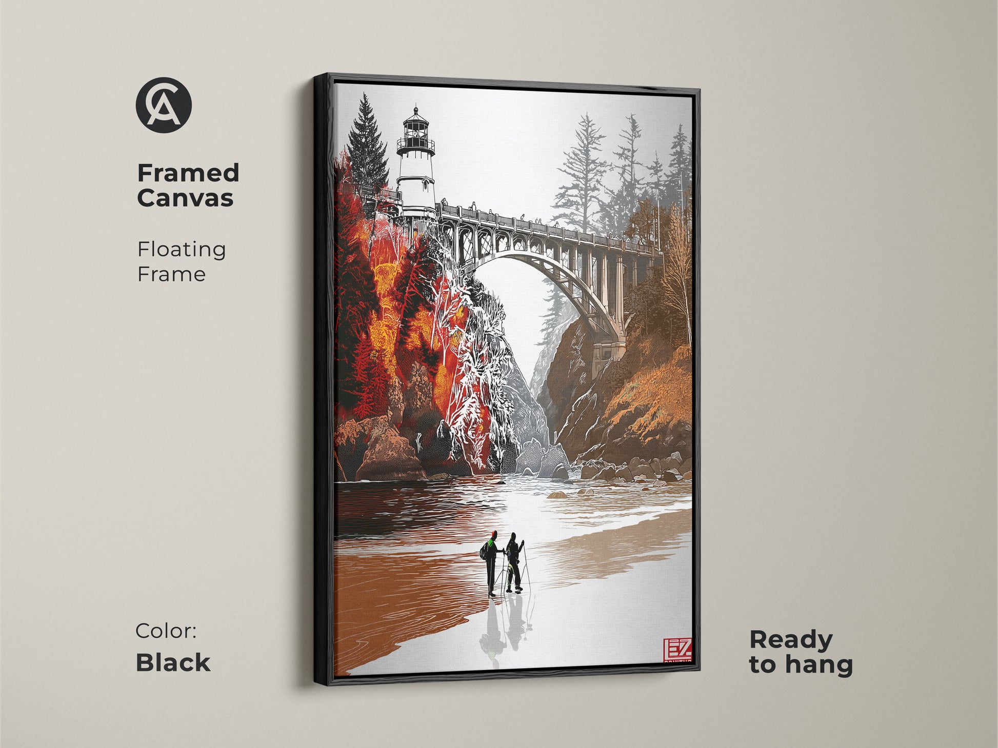 Framed canvas featuring lighthouse bridge artwork in a floating black frame. This orange red landscape art offers a coastal farmhouse aesthetic. Ready to hang adds a touch of rustic charm. Ideal for entryway wall decor and a thoughtful housewarming present for travelers and art lovers alike.