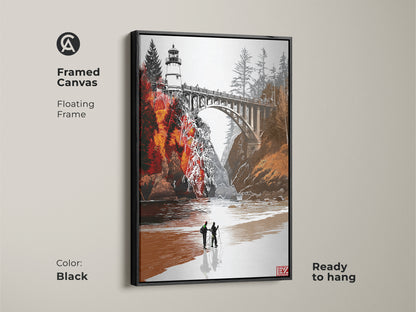 Framed canvas featuring lighthouse bridge artwork in a floating black frame. This orange red landscape art offers a coastal farmhouse aesthetic. Ready to hang adds a touch of rustic charm. Ideal for entryway wall decor and a thoughtful housewarming present for travelers and art lovers alike.