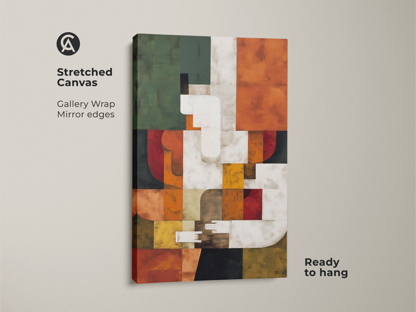 Stretched Canvas of Mid-Century Modern Abstract Art. This geometric print is a Bauhaus-style masterpiece. Gallery-wrapped with mirrored edges it's ready to hang. Its terracotta orange green and teal tones add sophistication to any space.