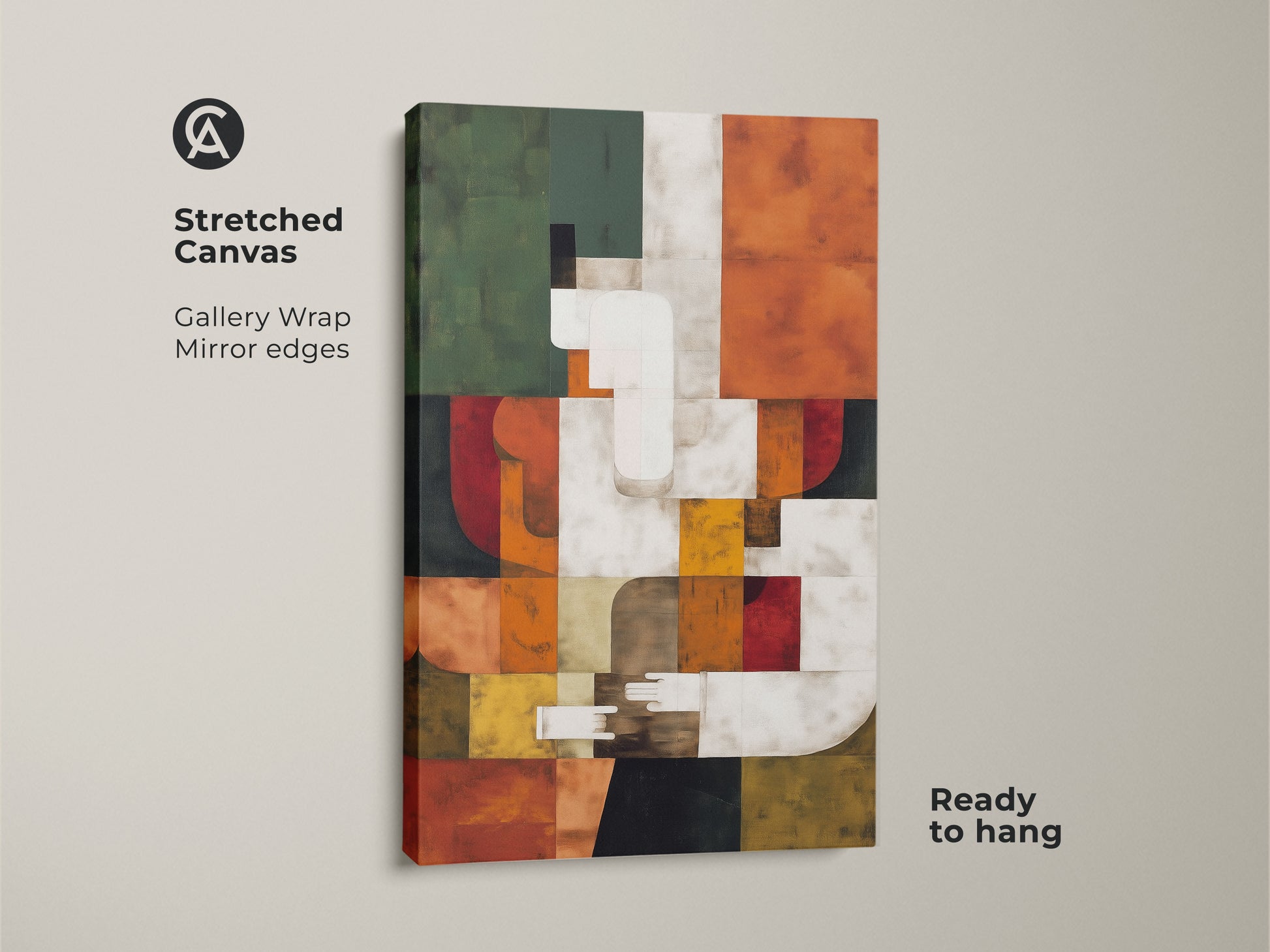 Stretched Canvas of Mid-Century Modern Abstract Art. This geometric print is a Bauhaus-style masterpiece. Gallery-wrapped with mirrored edges it's ready to hang. Its terracotta orange green and teal tones add sophistication to any space.