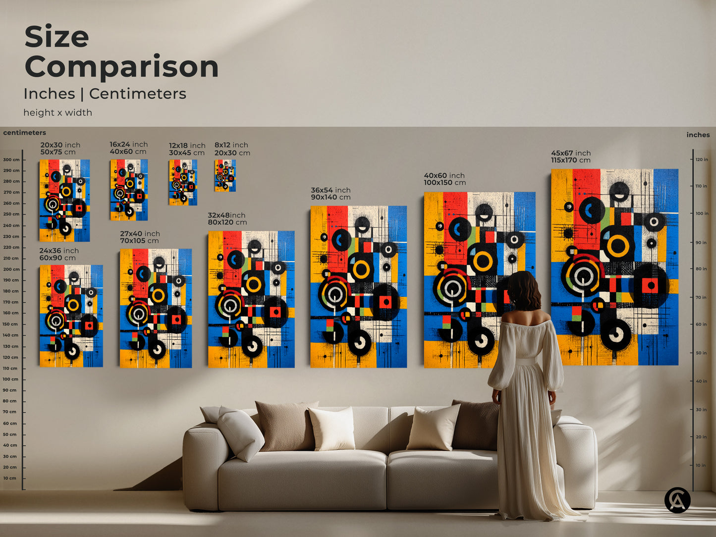 Size comparison featuring Mid-Century Modern abstract art prints. See various sizes of canvas and posters with geometric circles and squares in yellow blue and red. Visualize how each piece fits in a living space like above a sofa.