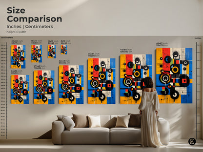 Size comparison featuring Mid-Century Modern abstract art prints. See various sizes of canvas and posters with geometric circles and squares in yellow blue and red. Visualize how each piece fits in a living space like above a sofa.