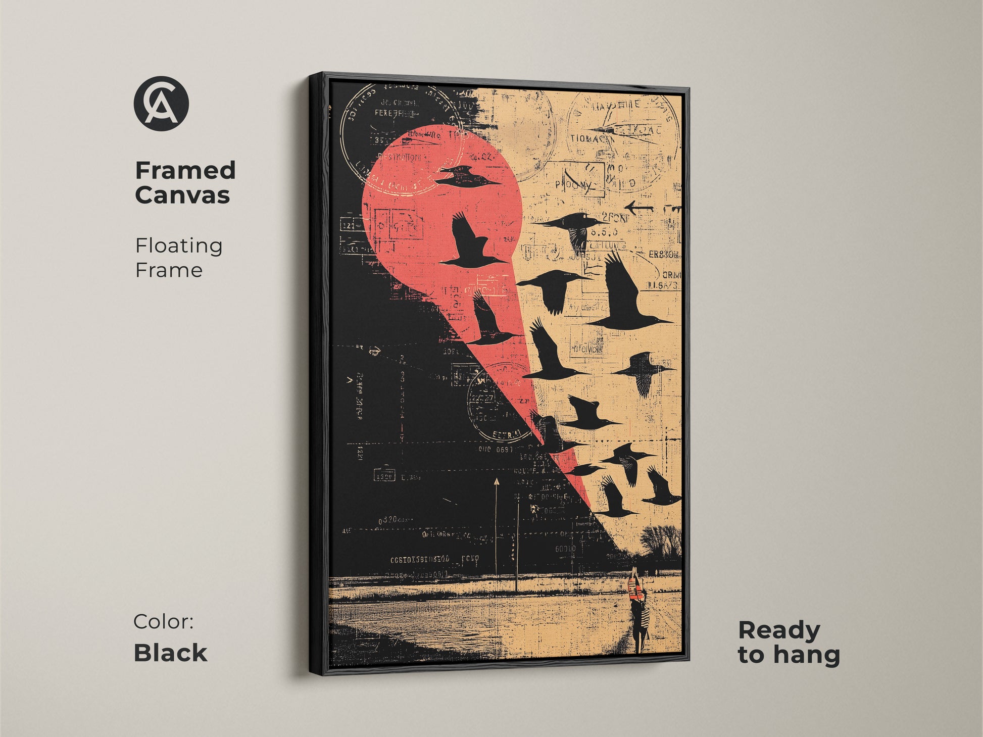 Framed Canvas Floating Frame in Black featuring a Grunge Eclectic Wall Art. A collage of a flock of birds in flight. Against a rural landscape backdrop with a striking Red Beige and Black color palette. Ready to hang.