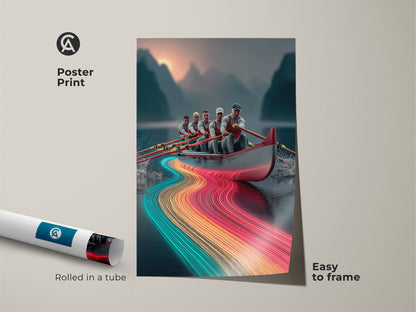 This poster print displays modern rowing artwork. The colorful neon light trail art is easy to frame. An abstract team print would be a great gift for athletes. The vibrant sports art is rolled in a tube.