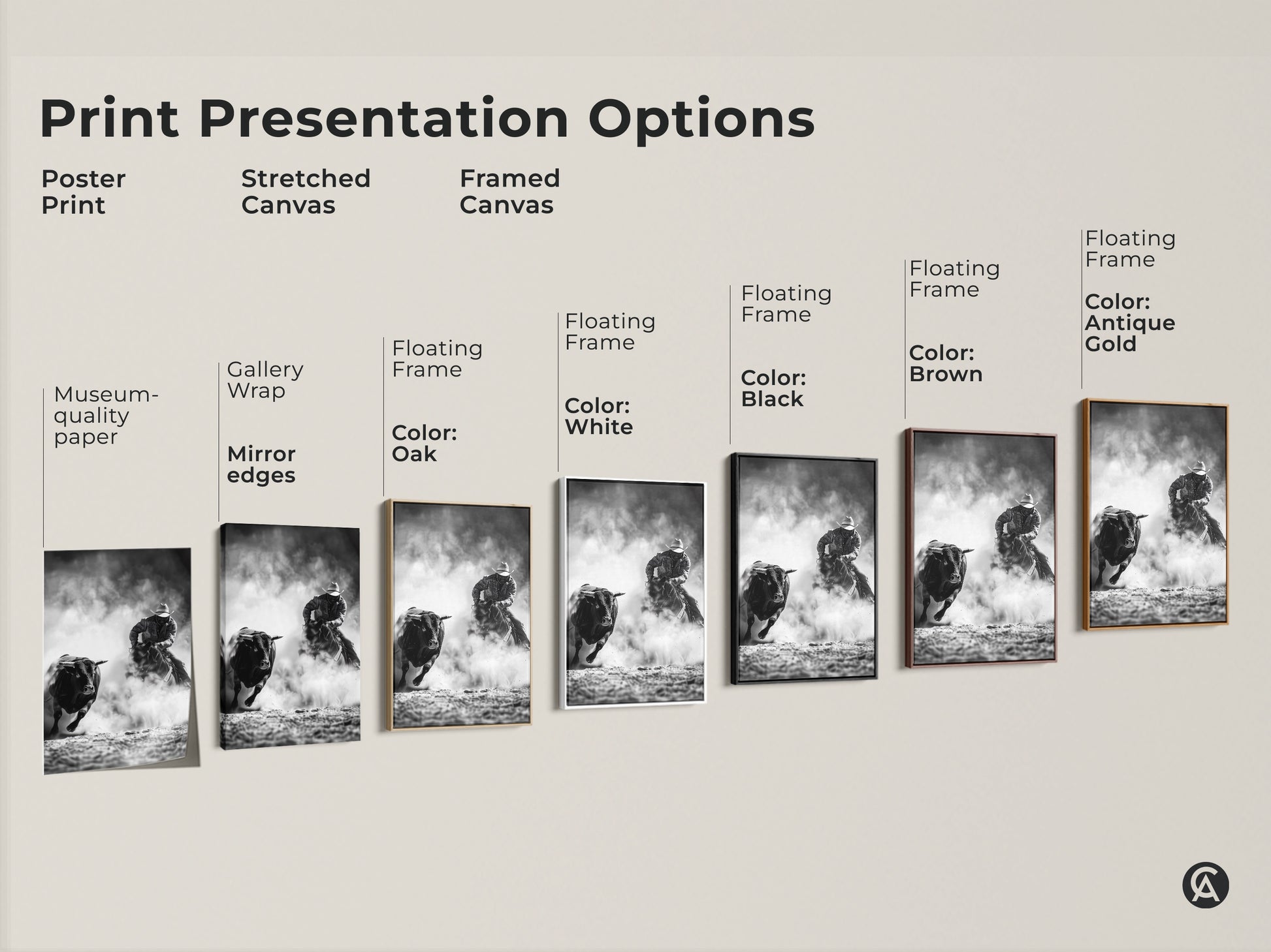 Explore print presentation options like poster prints and stretched canvas. Discover framed canvas with floating frames. Choose from oak white black brown or antique gold. Find the perfect match for your Western artwork.