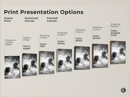 Explore print presentation options like poster prints and stretched canvas. Discover framed canvas with floating frames. Choose from oak white black brown or antique gold. Find the perfect match for your Western artwork.