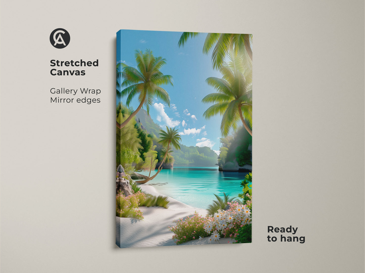 Stretched canvas art featuring a picturesque beach. The gallery wrap with mirrored edges enhances the tropical scene. Palm trees and clear waters create a relaxing atmosphere. This ready-to-hang canvas adds a touch of paradise to any room.