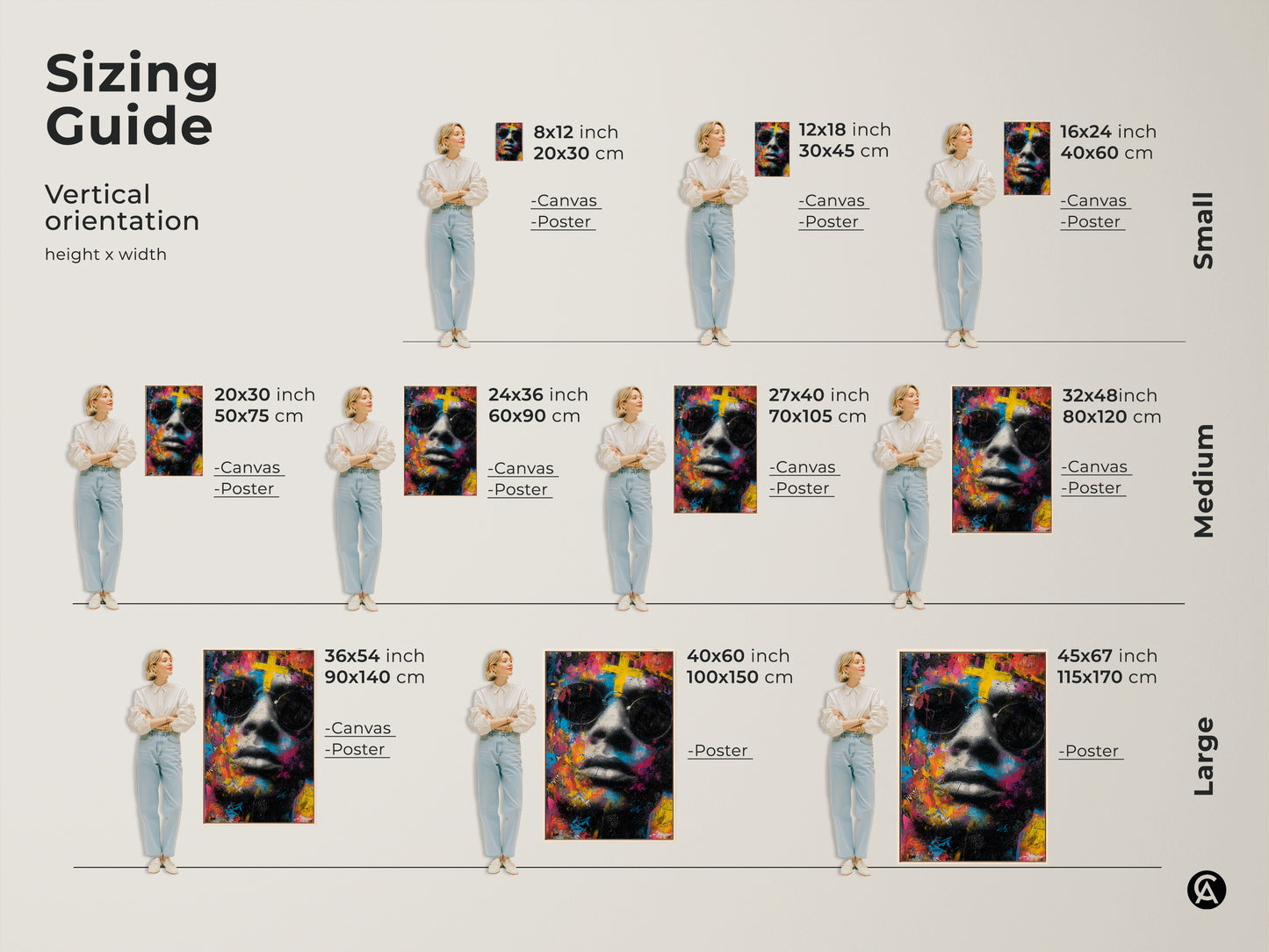 Sizing guide for vertical artwork orientation. See how different sizes of this art fit in a room. Available in canvas and poster prints. Find the perfect size to complement your living room decor today.