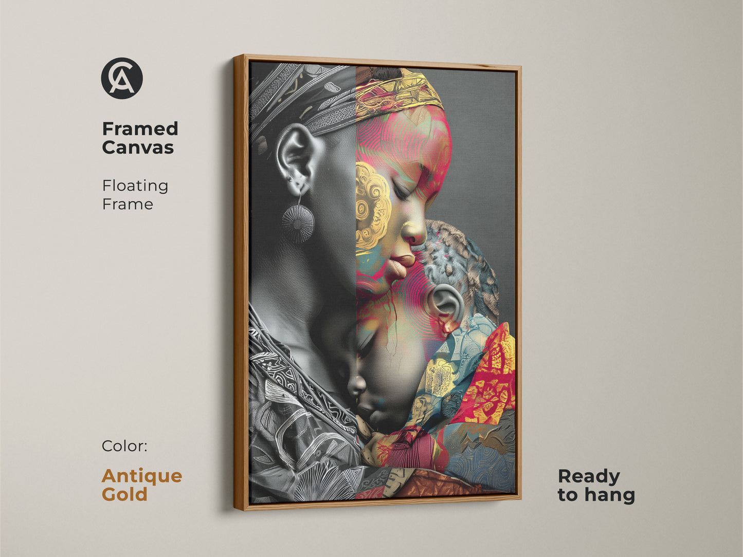 This framed canvas features 'Mother and Child' artwork. The floating frame adds to the contemporary wall decor. The antique gold color complements the abstract expressionist art. It is ready to hang. The african patterned canvas print is perfect for eclectic home interiors. This family love art print features gold red and teal colors.