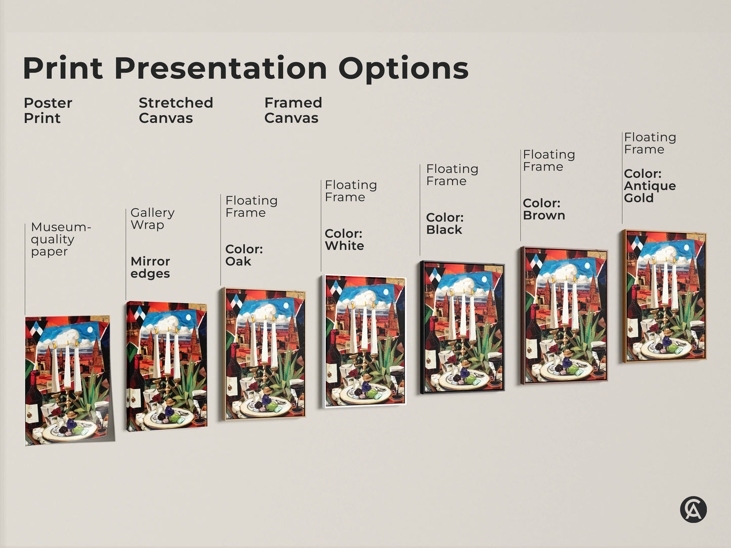 Explore our print presentation options for cubist still life art. Choose from poster stretched canvas and framed options in various colors. Find the perfect art to complement your decor.