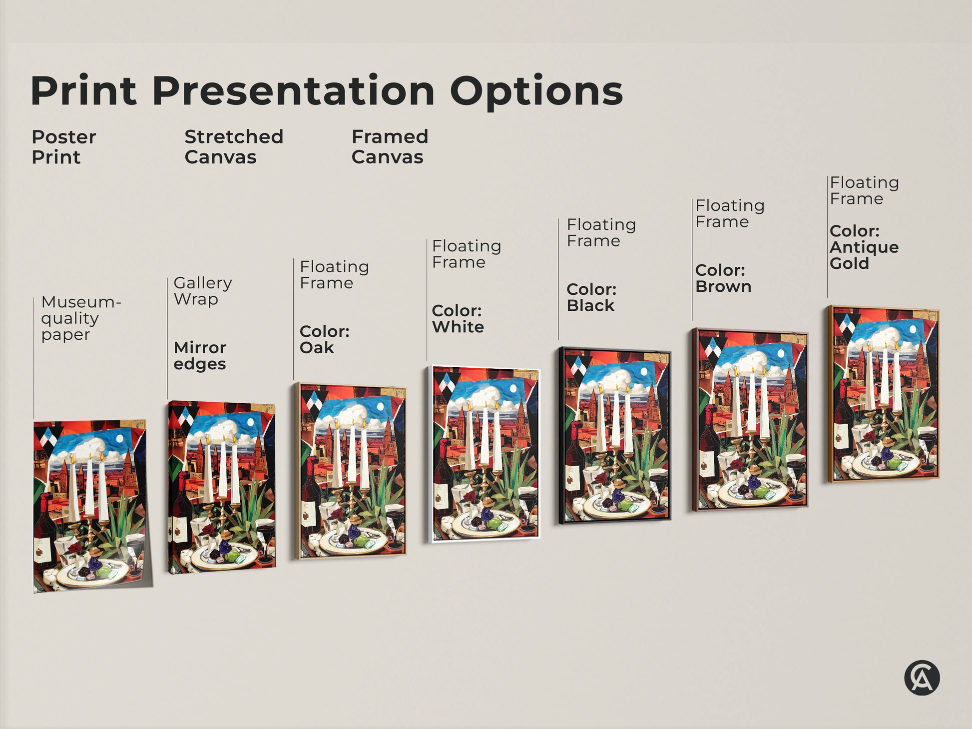 Explore our print presentation options for cubist still life art. Choose from poster stretched canvas and framed options in various colors. Find the perfect art to complement your decor.