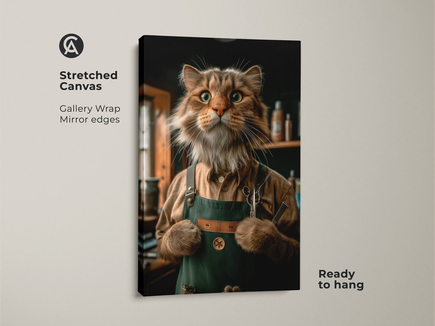 A stretched canvas print showcases funny cat barber artwork. This gallery-wrapped canvas has mirror edges. Ready to hang this quirky animal artwork is perfect for pet lovers. It will add a touch of charm to your home decor.