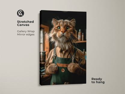 A stretched canvas print showcases funny cat barber artwork. This gallery-wrapped canvas has mirror edges. Ready to hang this quirky animal artwork is perfect for pet lovers. It will add a touch of charm to your home decor.