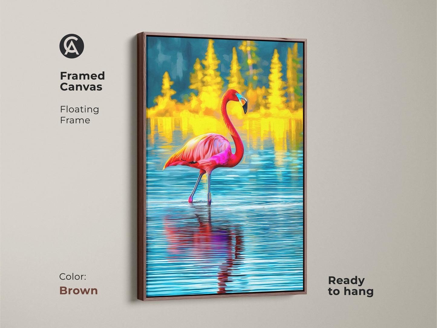 Framed canvas art with a pink flamingo in a floating frame. This bird lover gift features a tropical scene with blue water and yellow pine trees. Ready to hang with a brown frame. Ideal for eclectic bedroom wall decor and nature enthusiasts.