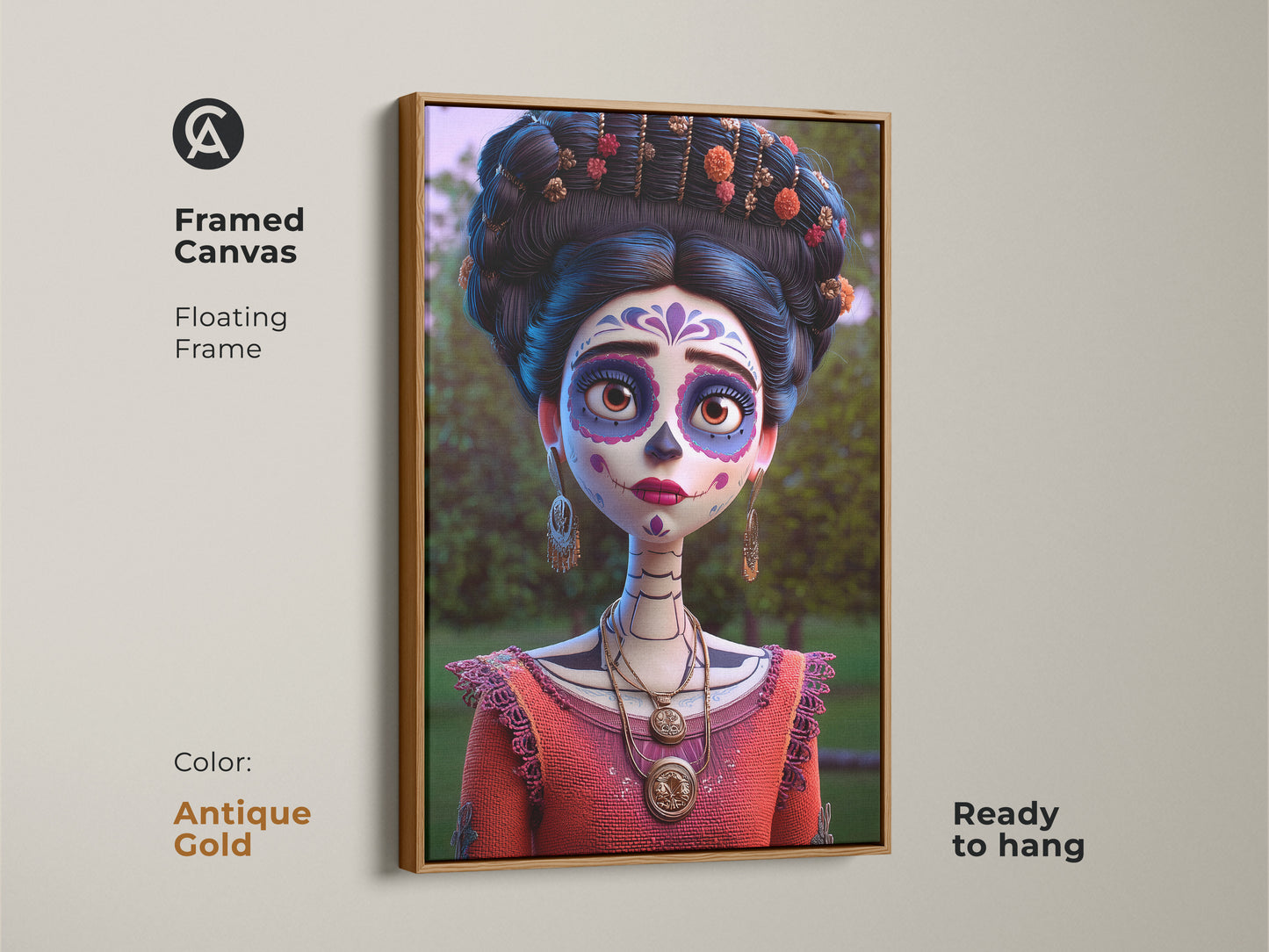 Antique gold framed canvas of a Sugar Skull art piece. This Dia de Muertos artwork in antique gold is ready to hang. Cultural artwork portrait with a festive Mexican touch. Vibrant coral orange purple tones enhance any room.