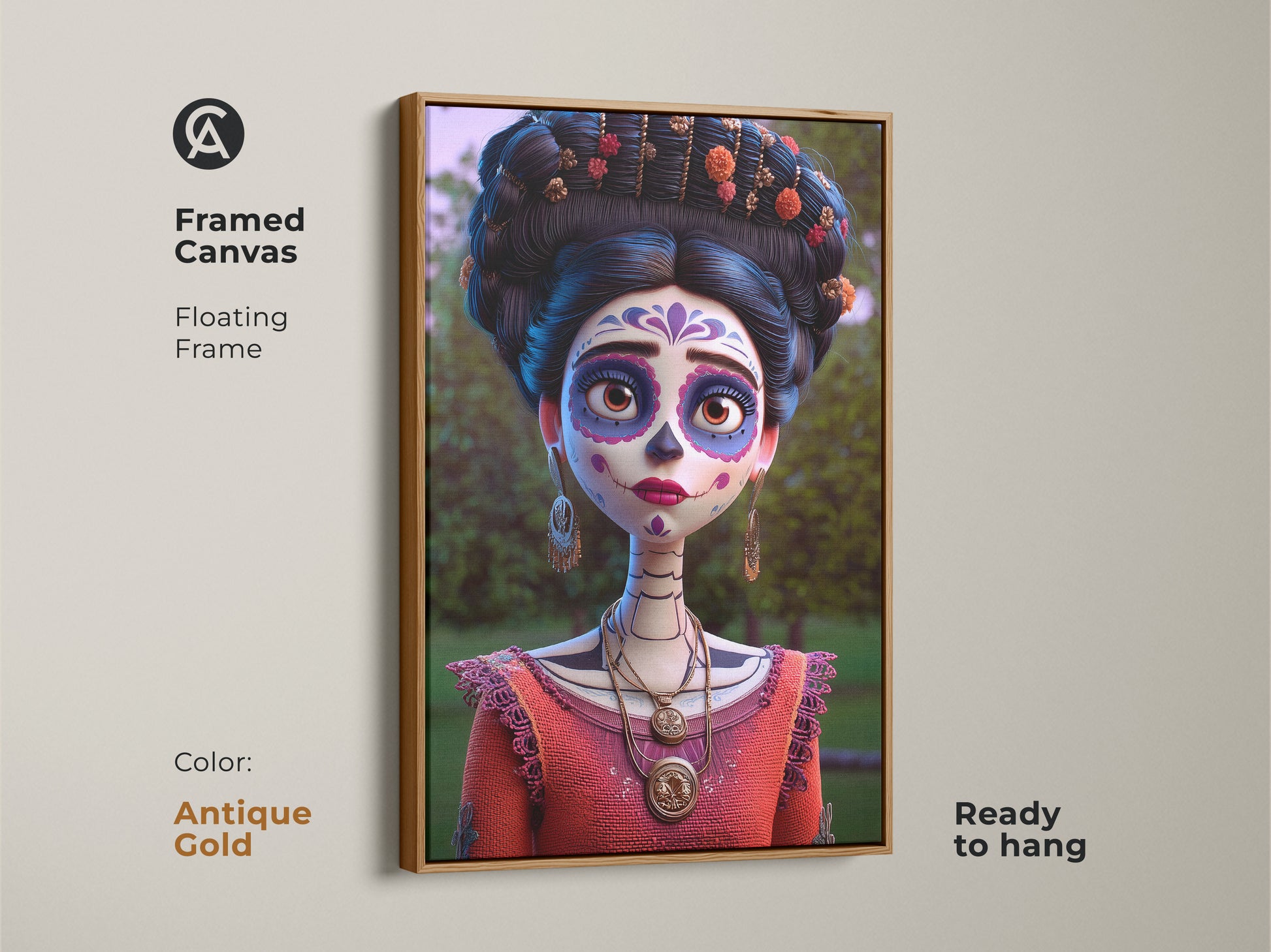 Antique gold framed canvas of a Sugar Skull art piece. This Dia de Muertos artwork in antique gold is ready to hang. Cultural artwork portrait with a festive Mexican touch. Vibrant coral orange purple tones enhance any room.
