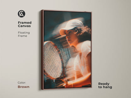 Framed canvas artwork featuring a tennis player. This piece has a floating brown frame. The warm tones complement the action-packed scene. It is ready to hang and adds sophistication to your walls. Discover more framed art to elevate your home.