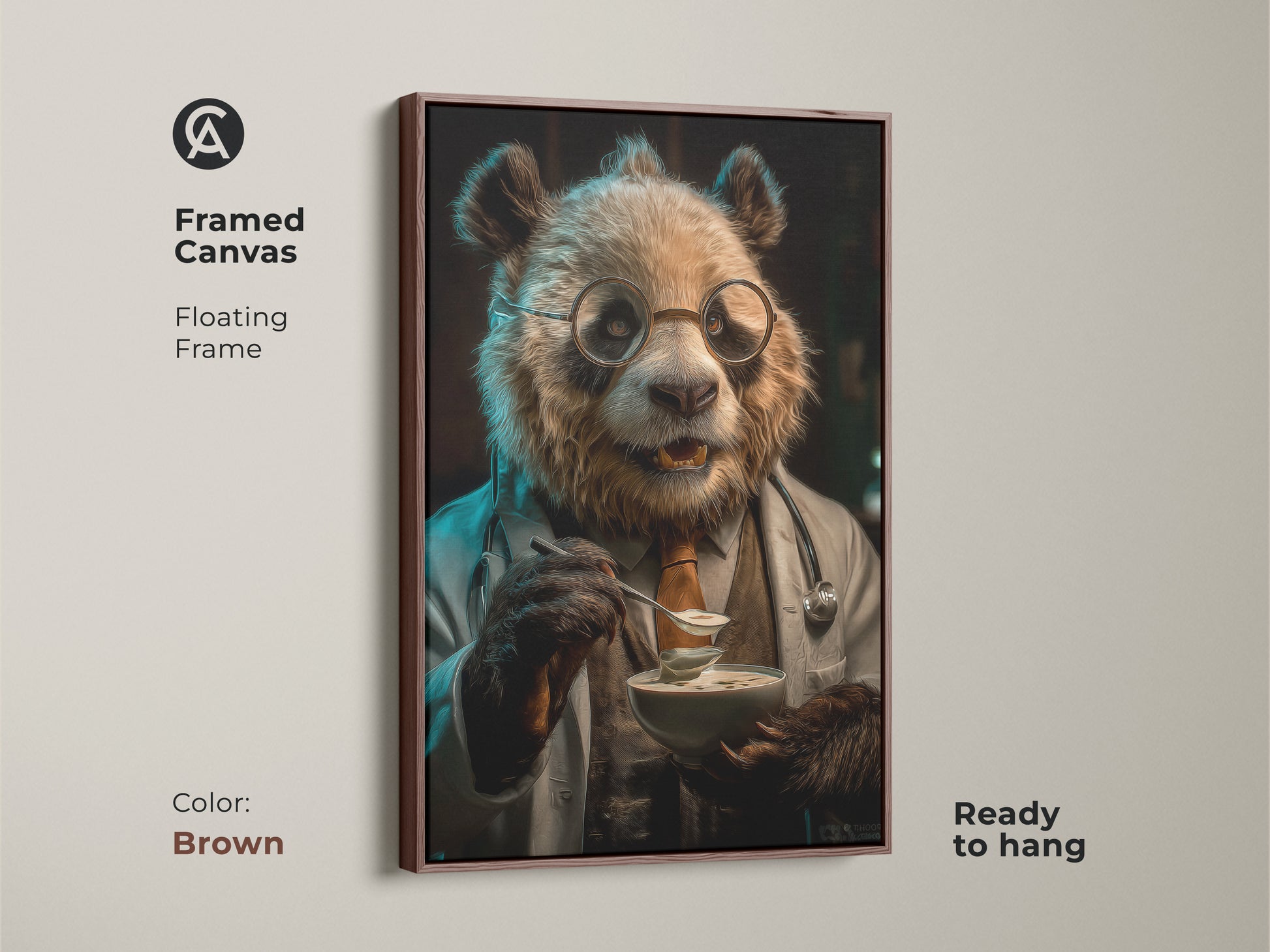 Framed brown canvas of panda doctor art. This funny animal character art makes perfect professional office artwork. Ready to hang this whimsical office decor features a panda in a doctor's coat enjoying soup. Veterinarian gift wall art.