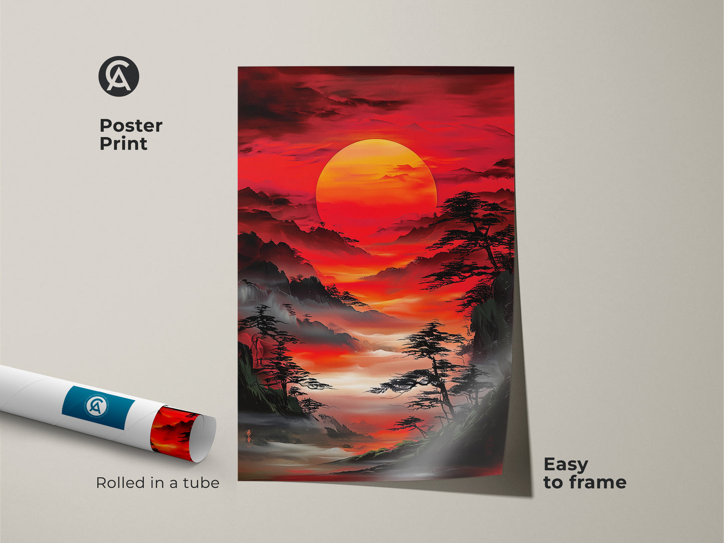 Poster print of an Asian-inspired landscape painting with a dramatic red sunrise. The artwork features misty mountains and pine trees. Rolled in a tube it is easy to frame. Ideal nature inspired wall art.
