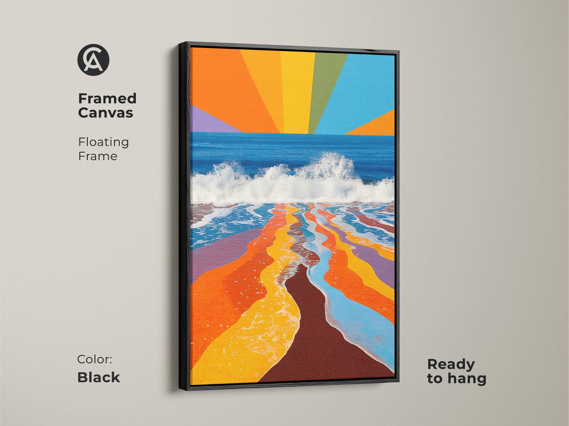 A black framed canvas shows abstract rainbow waves. It is modern ocean artwork with a geometric style. Floating frame enhances this colorful beach landscape. Ready to hang for easy decor.