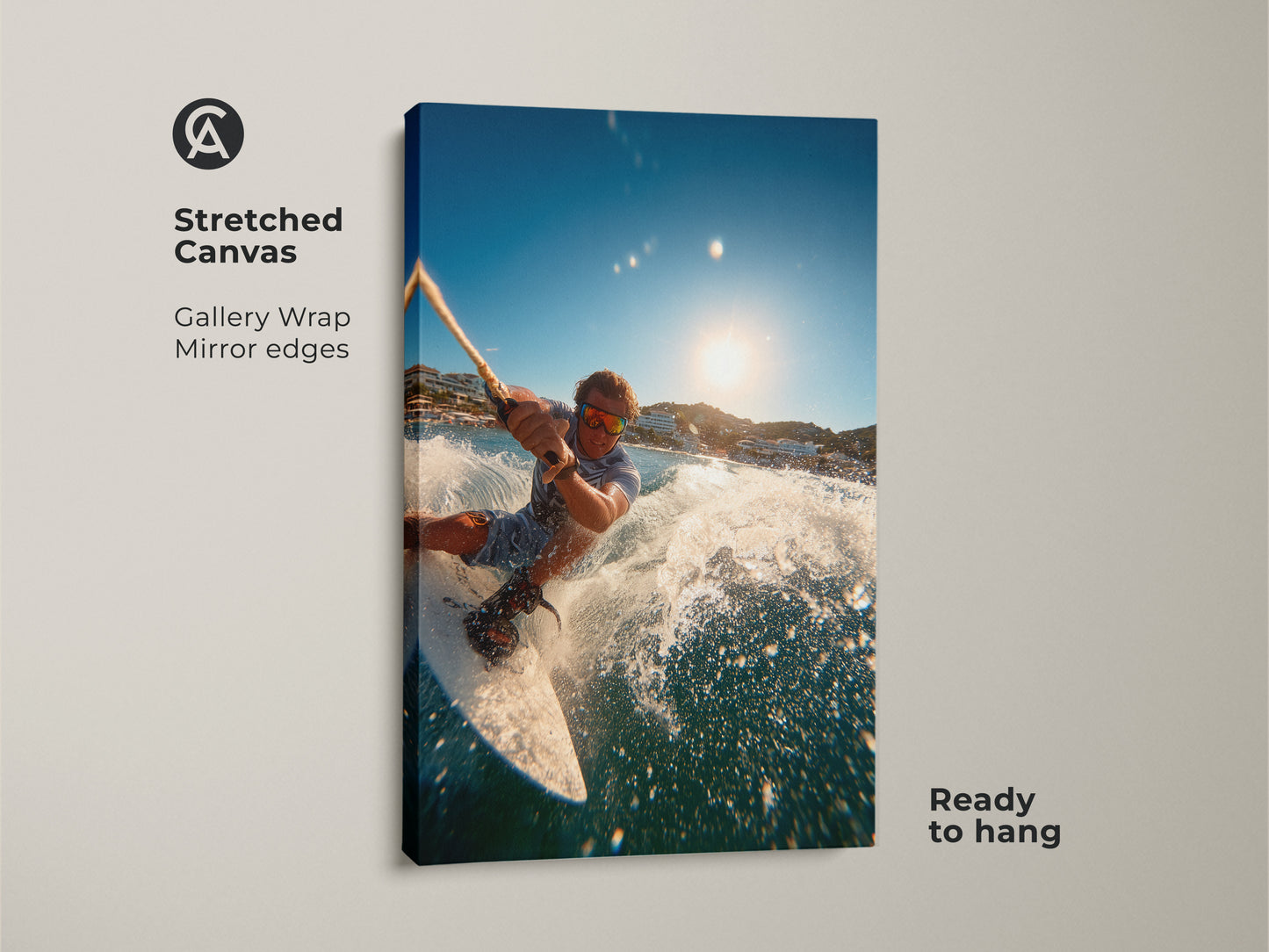 A man wakeboarding is featured on a stretched canvas. The gallery wrap has mirror edges. It is ready to hang and enjoy. The artwork brings the energy of water sports indoors. The bright scene adds a dynamic touch.