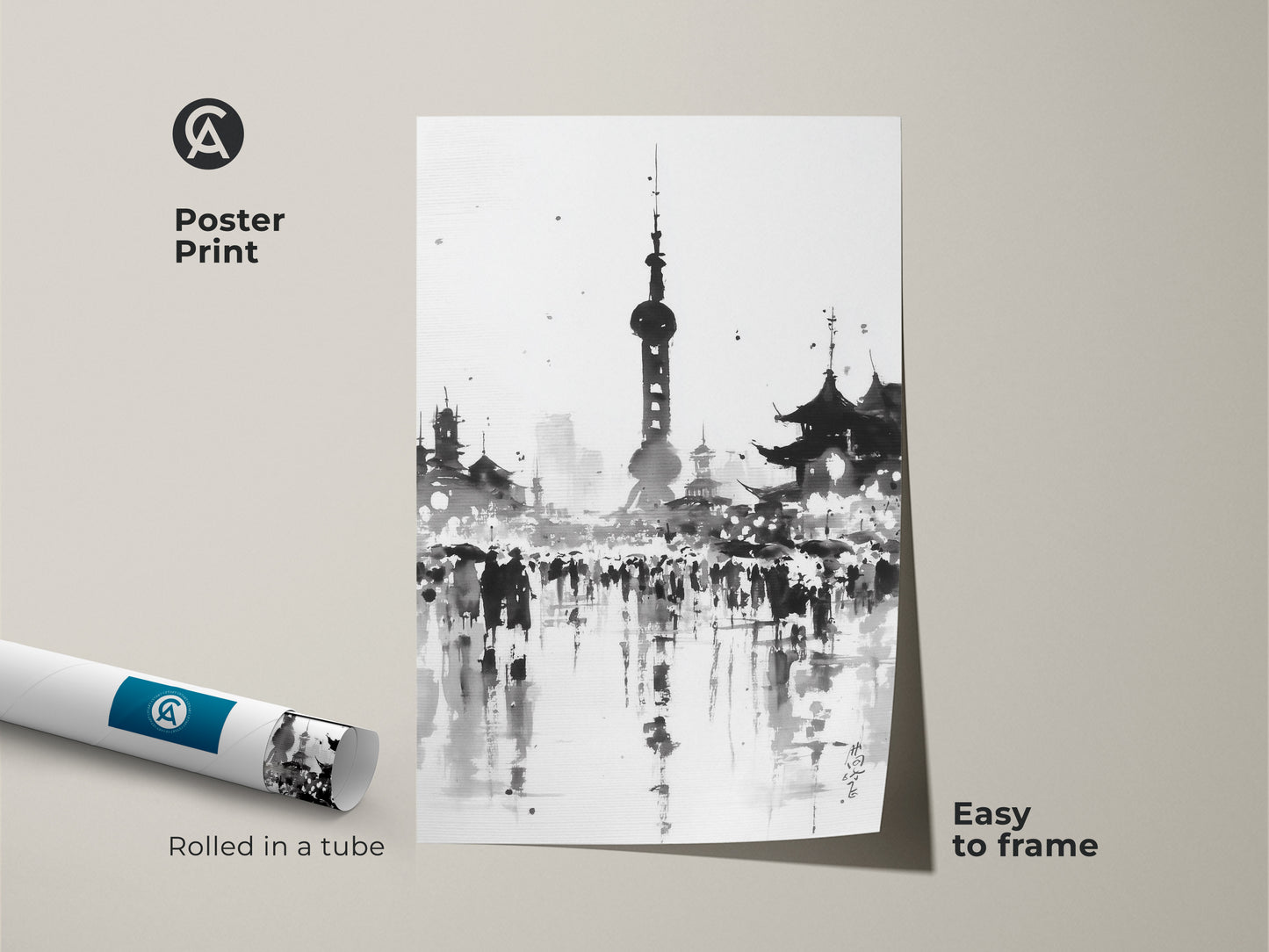 Poster print of Shanghai city artwork rolled in a tube. Black and white art featuring the Oriental Pearl Tower. This museum-quality paper poster is easy to frame. A perfect addition to any space.