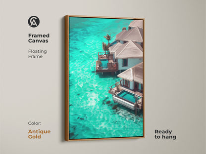 Antique Gold Framed Canvas of Maldives overwater bungalow art. This turquoise ocean canvas print is coastal tropical wall art. The beach house paradise decor is the perfect bungalow travel artwork. Luxury villa ocean view is ideal tropical paradise home decor. Ready to hang floating frame