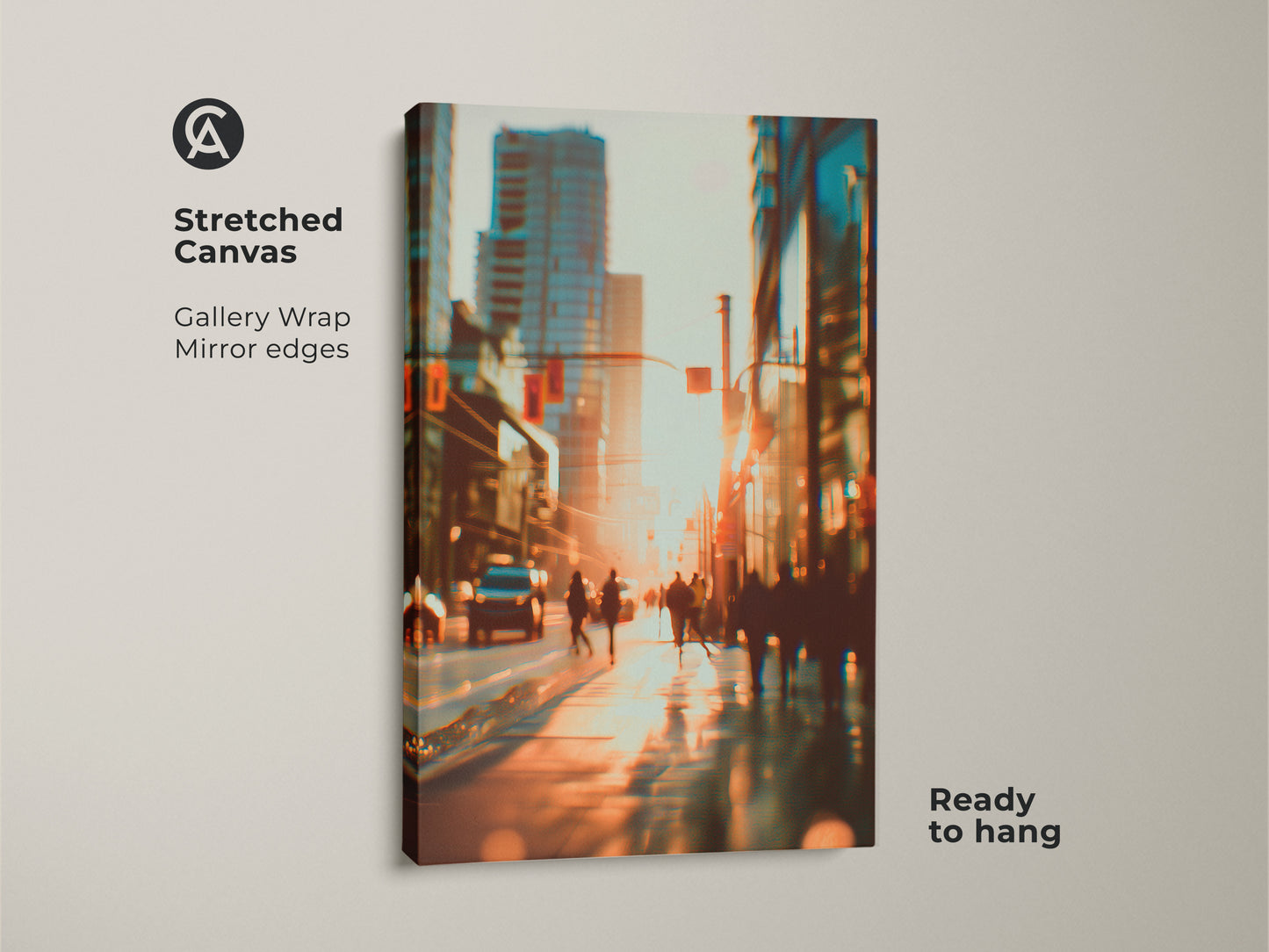Stretched canvas artwork showcasing a vibrant yet blurred cityscape. The gallery wrap and mirror edges give it a clean modern look. Ready to hang this piece brings urban sophistication to any room. The artwork is a stunning focal point.