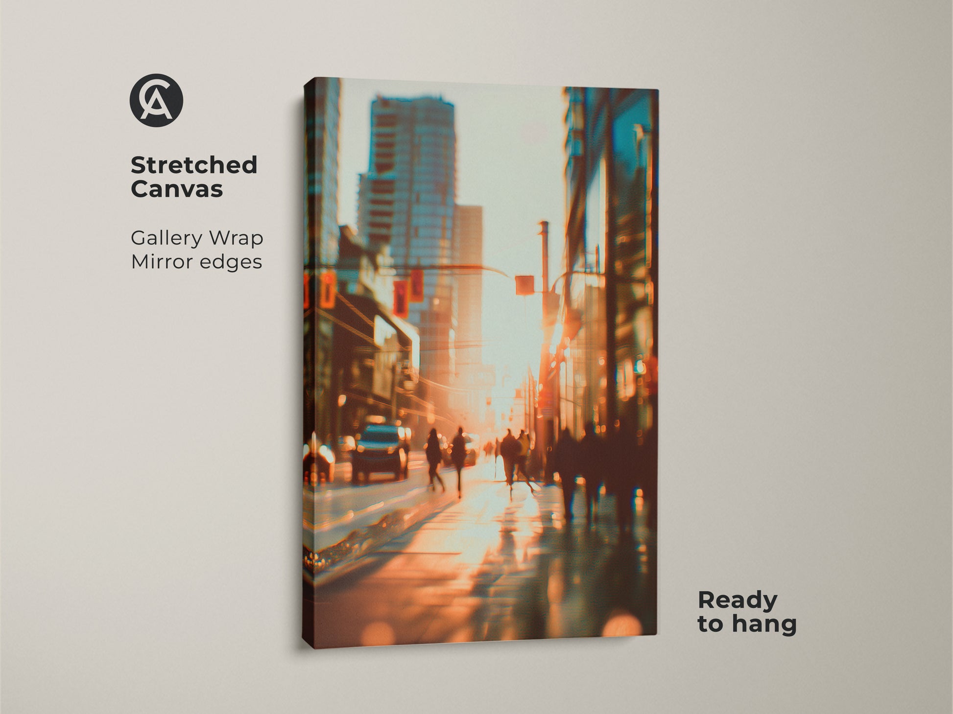 Stretched canvas artwork showcasing a vibrant yet blurred cityscape. The gallery wrap and mirror edges give it a clean modern look. Ready to hang this piece brings urban sophistication to any room. The artwork is a stunning focal point.