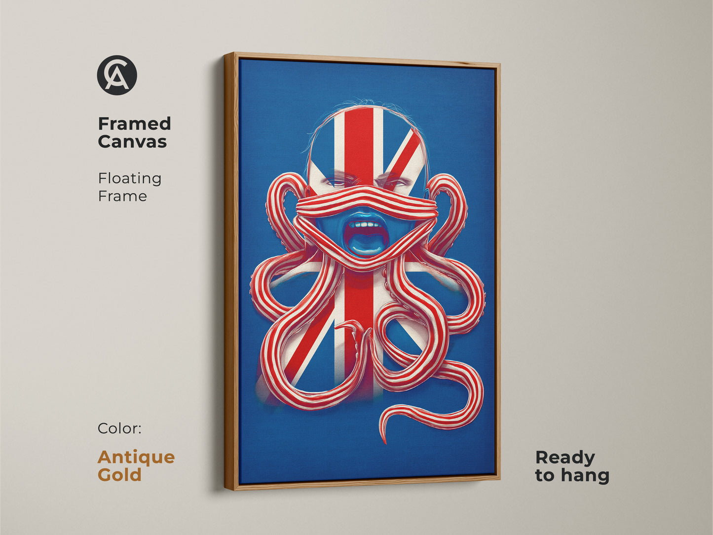 Framed canvas displaying British Patriotism Octopus Face Wall Art. The antique gold floating frame makes it ready to hang. This Union Jack surreal octopus is perfect eclectic artwork.