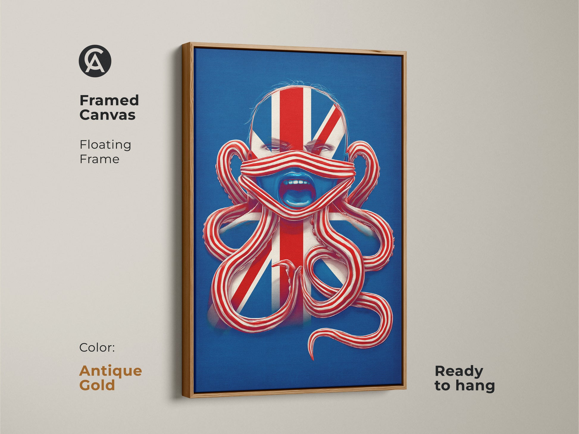 Framed canvas displaying British Patriotism Octopus Face Wall Art. The antique gold floating frame makes it ready to hang. This Union Jack surreal octopus is perfect eclectic artwork.