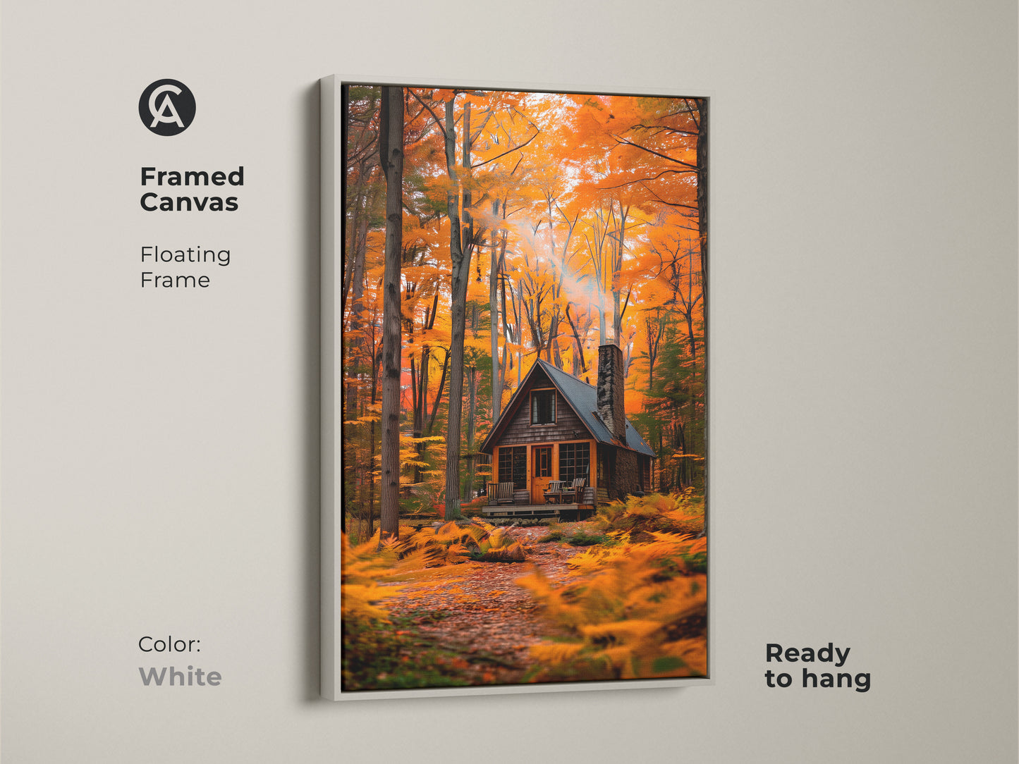 Framed canvas art showing a cabin in an autumn forest. The floating frame is white and ready to hang. This cabin artwork creates a clean modern look. Transform your space with framed fine art today.