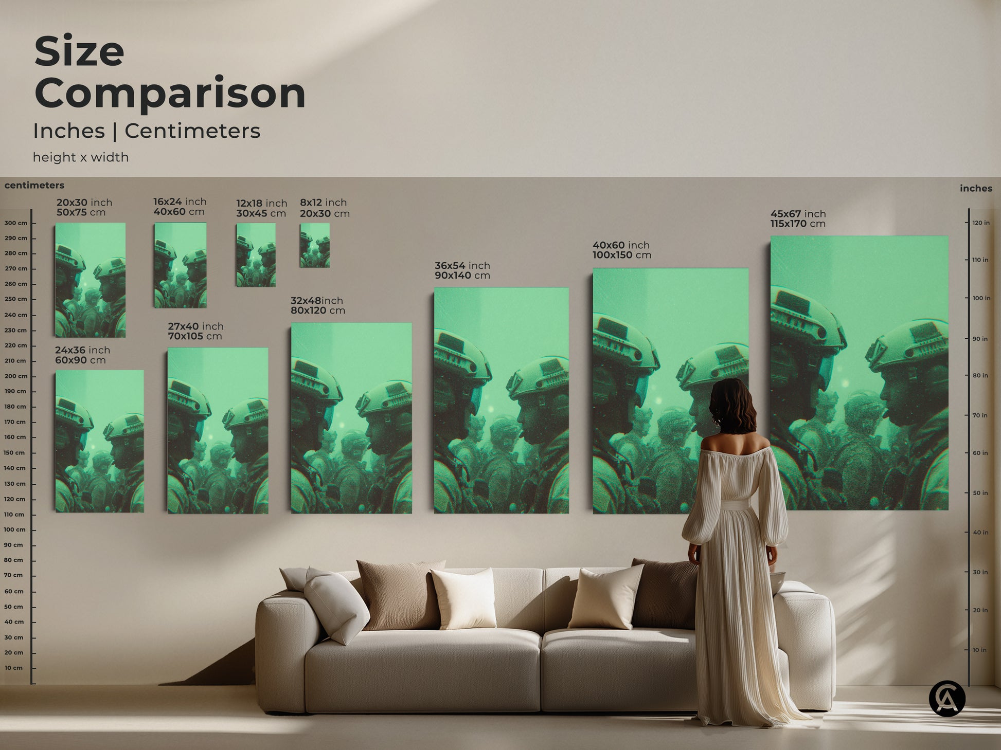 Size comparison of soldier artwork in inches and centimeters. Visualize how different sizes fit with your furniture. Find the perfect canvas or poster for your living room. Shop now and enhance your home ambiance