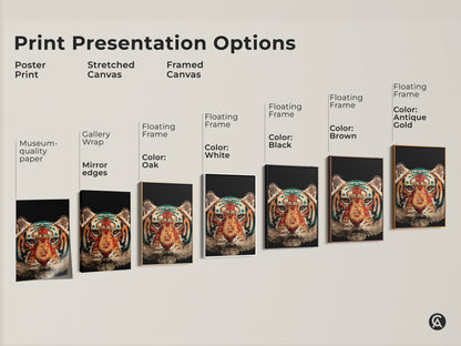 Print presentation options showcasing abstract tiger face art. See poster print stretched canvas and framed canvas choices. Each geometric wildlife print features orange gold and teal tones.